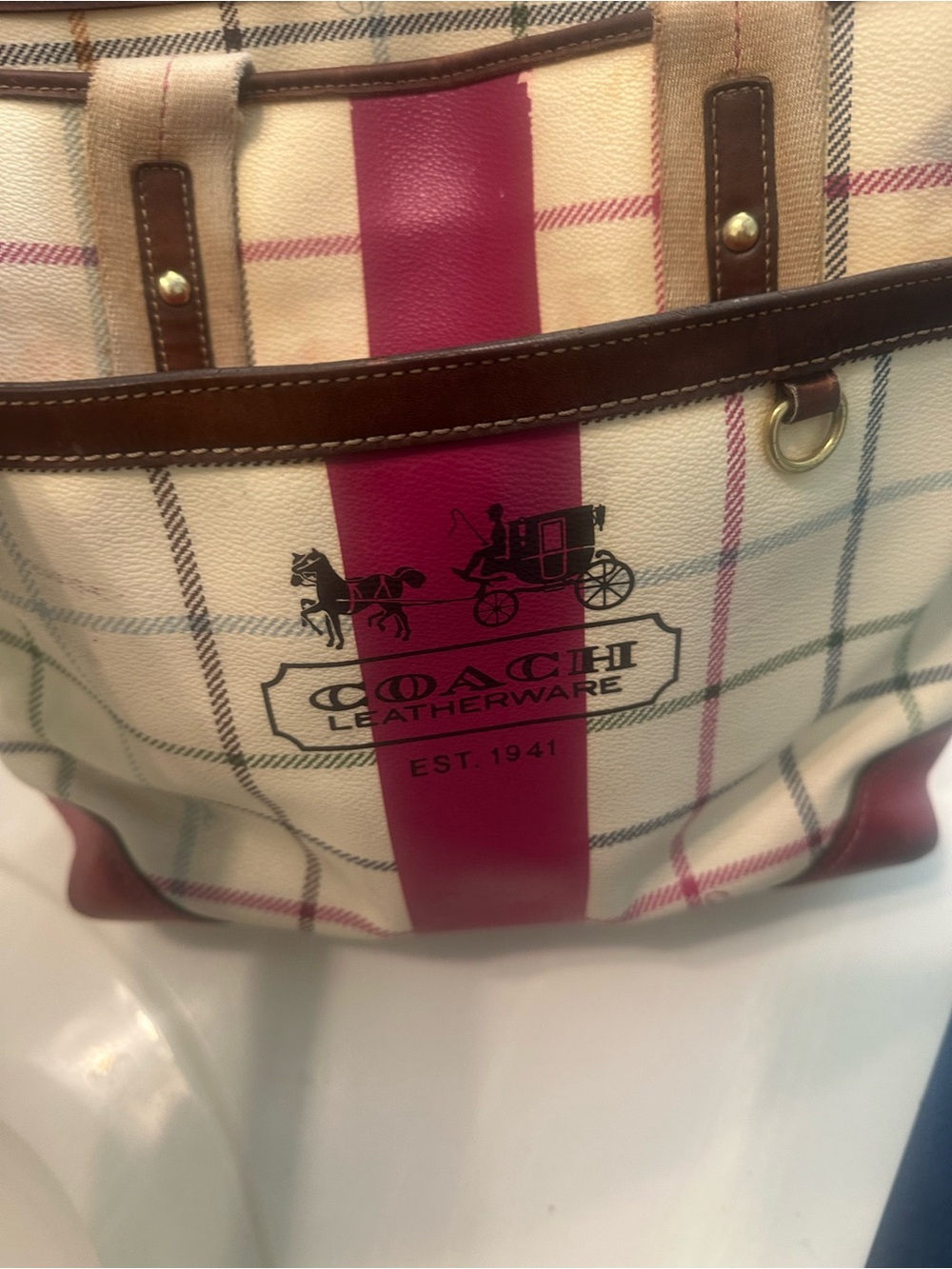 Coach Leatherware Plaid Tote Bag – Synthetic Material